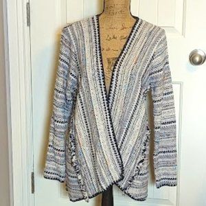 Lucky Brand Navy Woven Pottery Tribal Fringe Open Cardigan Sweater Women's M